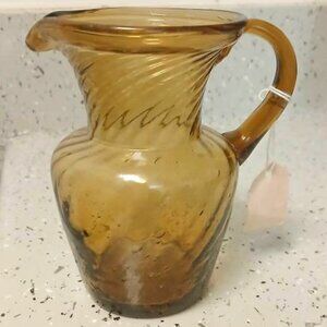 Vintage Hand Blown Amber Pitcher. Swirl Optic Pattern. Crackle Glass Finish